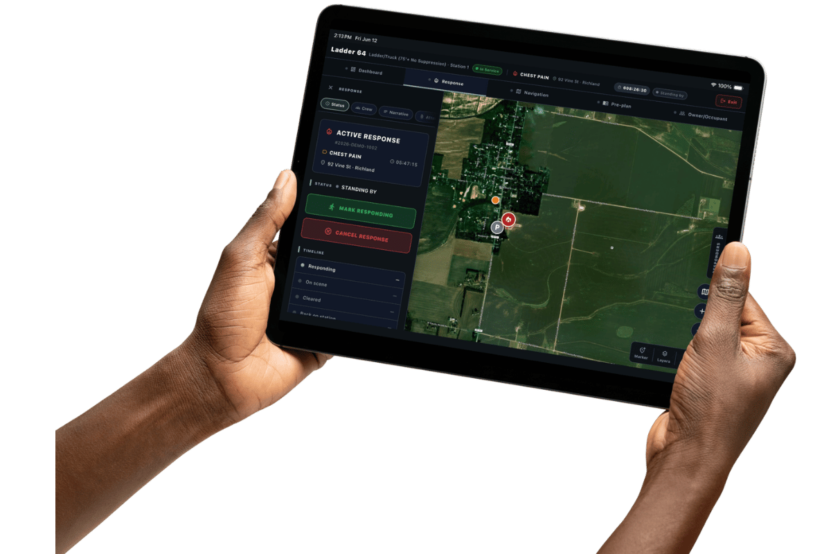 911 Analytics station kiosk on a tablet — live response map, status workflow, and crew timeline