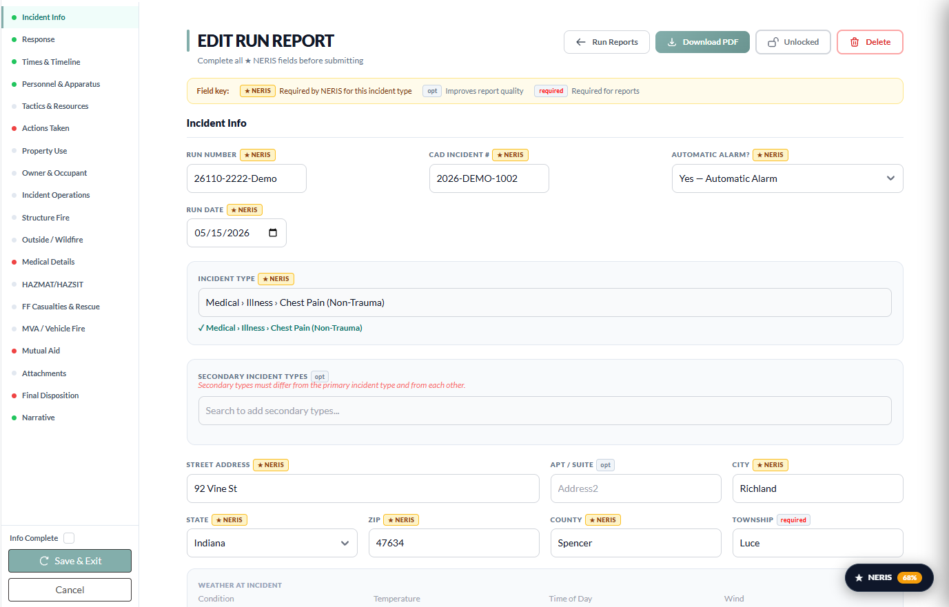 911 Analytics run report edit screen with guided section tabs and a live NERIS readiness score
