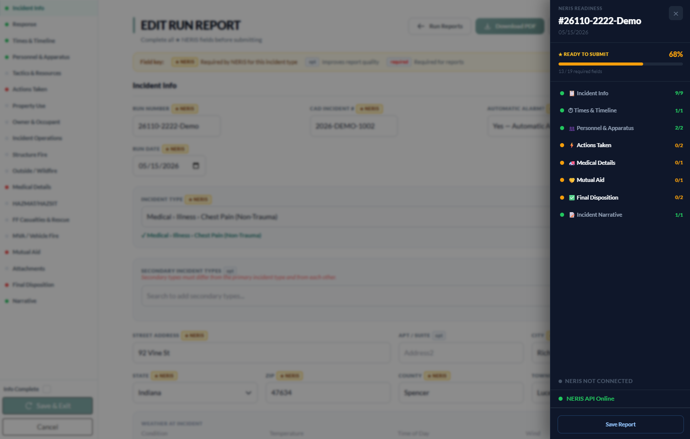 911 Analytics dashboard showing NERIS submission status and run report overview